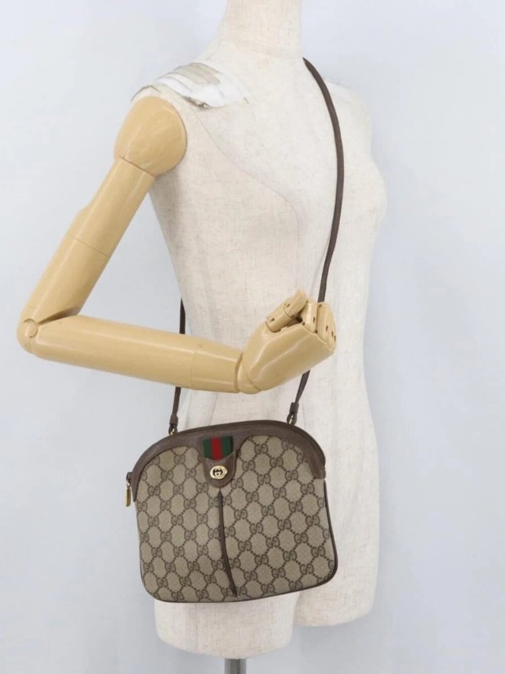 GUCCI GG Supreme Web Sherry Line Bag PVC Beige Gold 904 02 047 Auth LNZ296